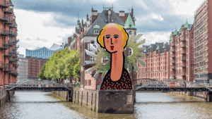 Dame sculpture in front of Speicherstadt Hamburg, draft by the artist Heinz Zolper